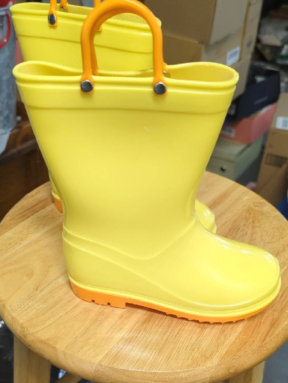 Kids' Glossy Yellow Rain Boots with Orange Handles